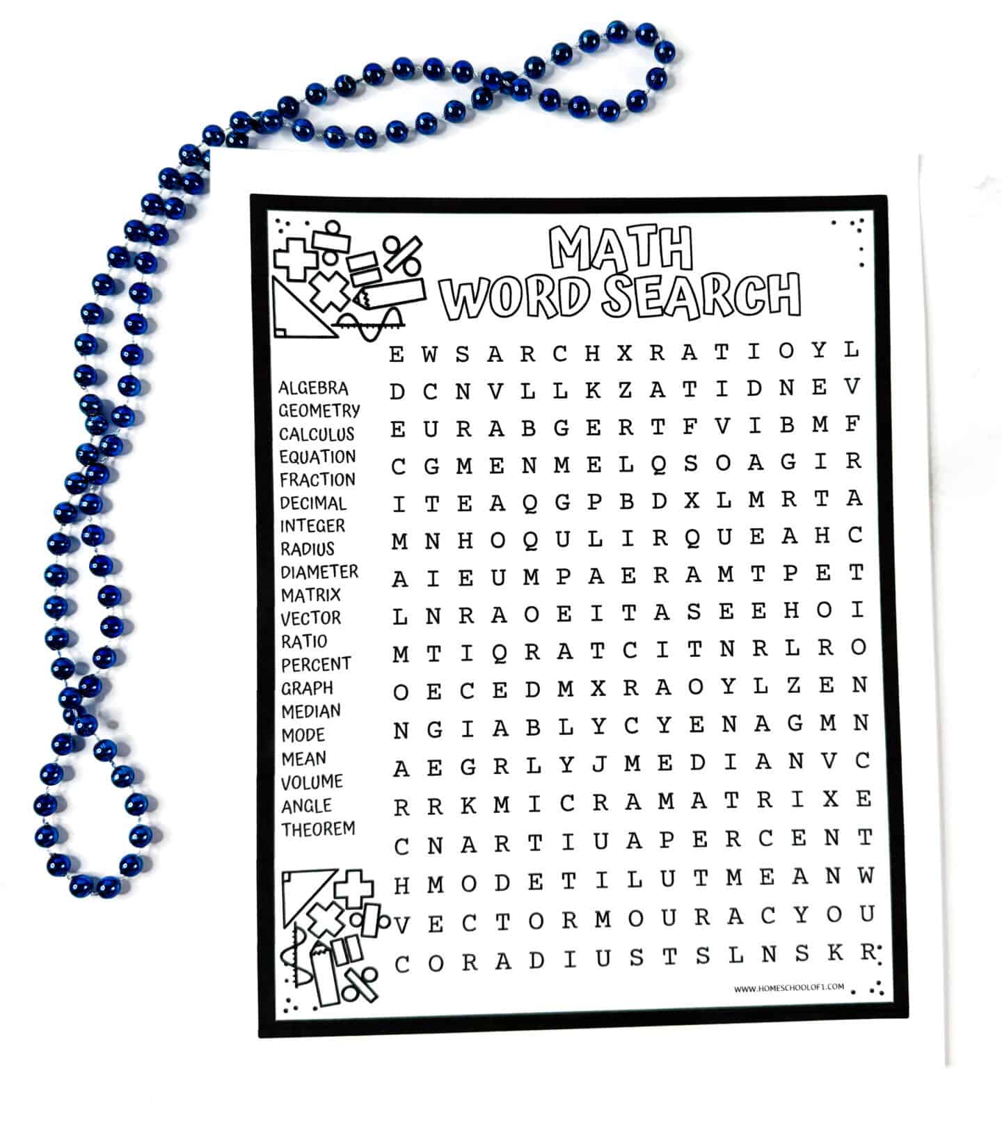 Black-and-white math word search printable with blue beads and vocabulary list.