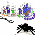 Two printable Halloween crowns colored by kids, featuring witches, trick-or-treaters, and a haunted house, with Halloween necklaces and a toy spider in front.