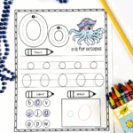 Letter O tracing worksheet featuring a pirate octopus image, uppercase/lowercase tracing, coloring, and letter find activity.
