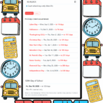 Free Time Calculator screenshot showing school start date, 100th day of school calculator, and days remaining until major U.S. holidays like Labor Day, Halloween, and Christmas. Surrounded by illustrated clocks, school buses, and calendars.