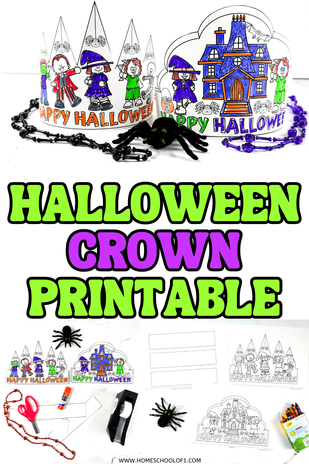 Colorful Halloween crown printable set shown with completed crowns, spider toy, glue stick, scissors, and printout sheets ready for crafting.