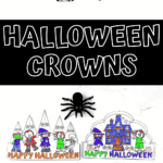 Free printable Halloween crown PDF preview showing craft tools, cutout templates, and completed colorful crowns with Halloween characters.