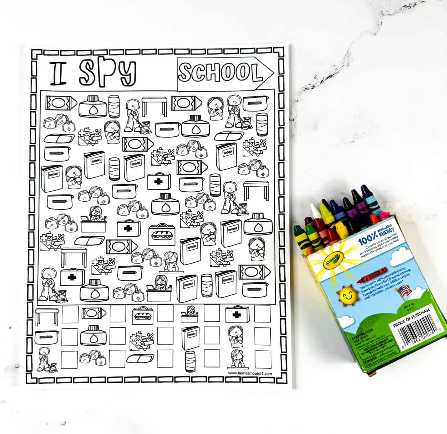 Black-and-white printable I Spy School worksheet with classroom-themed icons like glue, books, and backpacks, ready to be colored. Crayons shown on the right side, ideal for fine motor skills.

