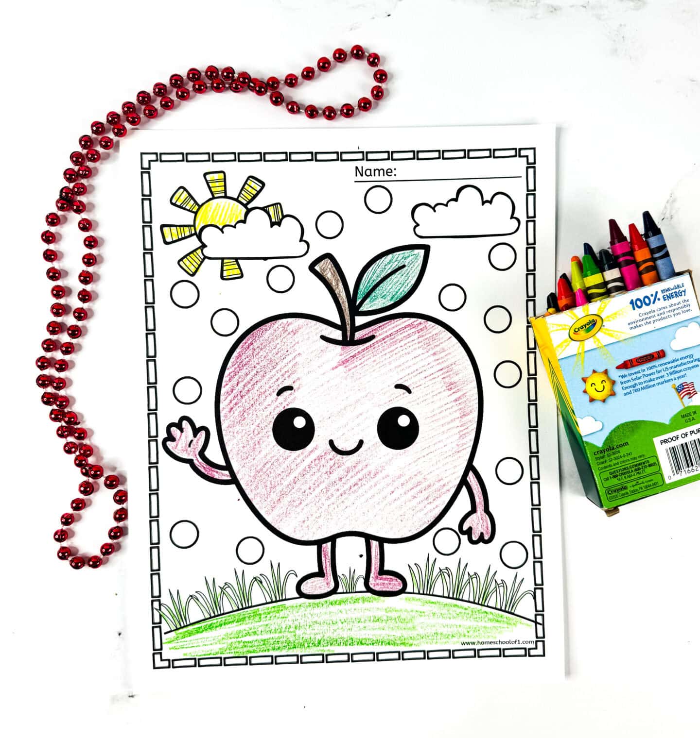 Apple coloring page with a large smiling apple waving in a grassy scene, under a sky with clouds, a sun, and circular dot pattern for coloring.