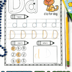 Printable letter D tracing worksheet with uppercase and lowercase tracing, a dog coloring image, and letter recognition activity.