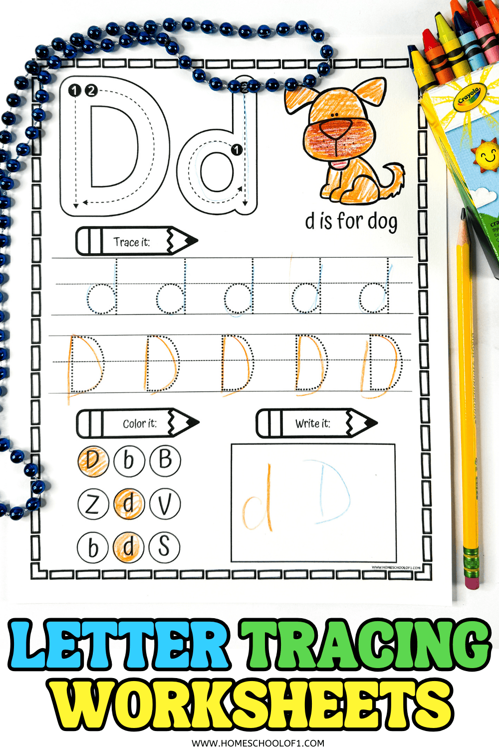 Printable letter D tracing worksheet with uppercase and lowercase tracing, a dog coloring image, and letter recognition activity.