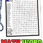 Colorful printable math word search worksheet for middle school students. Includes answer key and math terms like percent, mean, and equation.