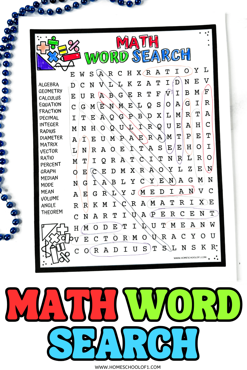 Colorful printable math word search worksheet for middle school students. Includes answer key and math terms like percent, mean, and equation.