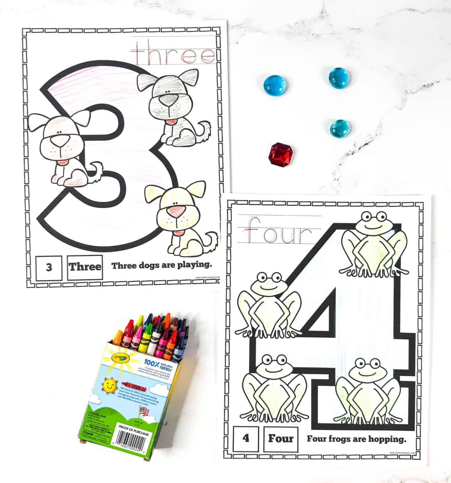Number coloring pages for preschool with numbers 3 and 4 featuring dogs to play and frogs to hop.