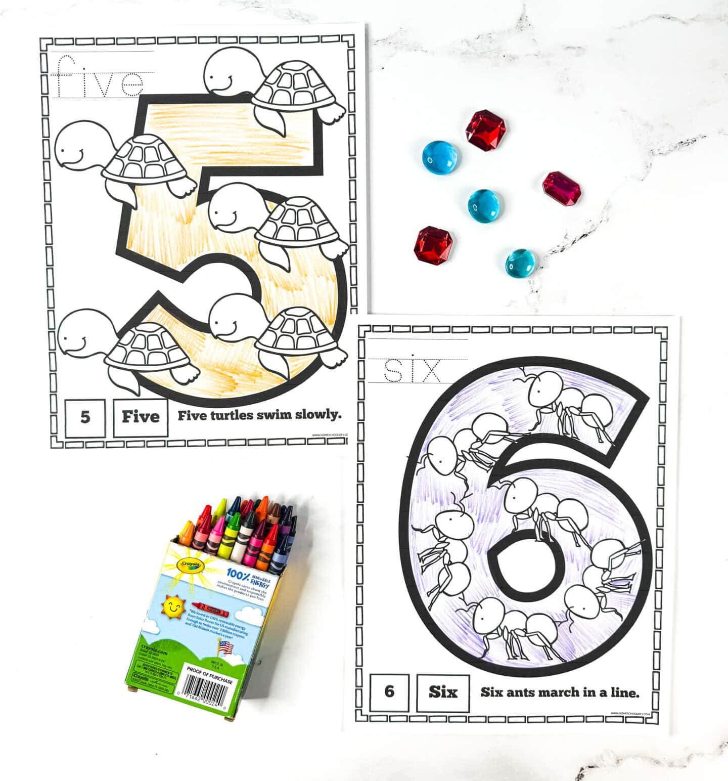 Free number coloring worksheets showing numbers 5 and 6 with turtles to color and ants marching in a line.