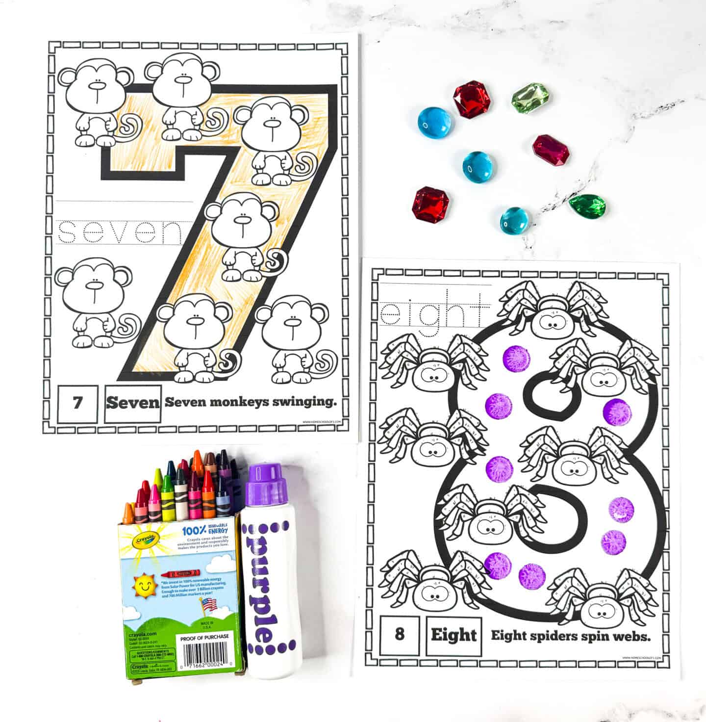 Printable number coloring pages 7 and 8 with monkeys to swing and spiders to spin webs for preschool counting.