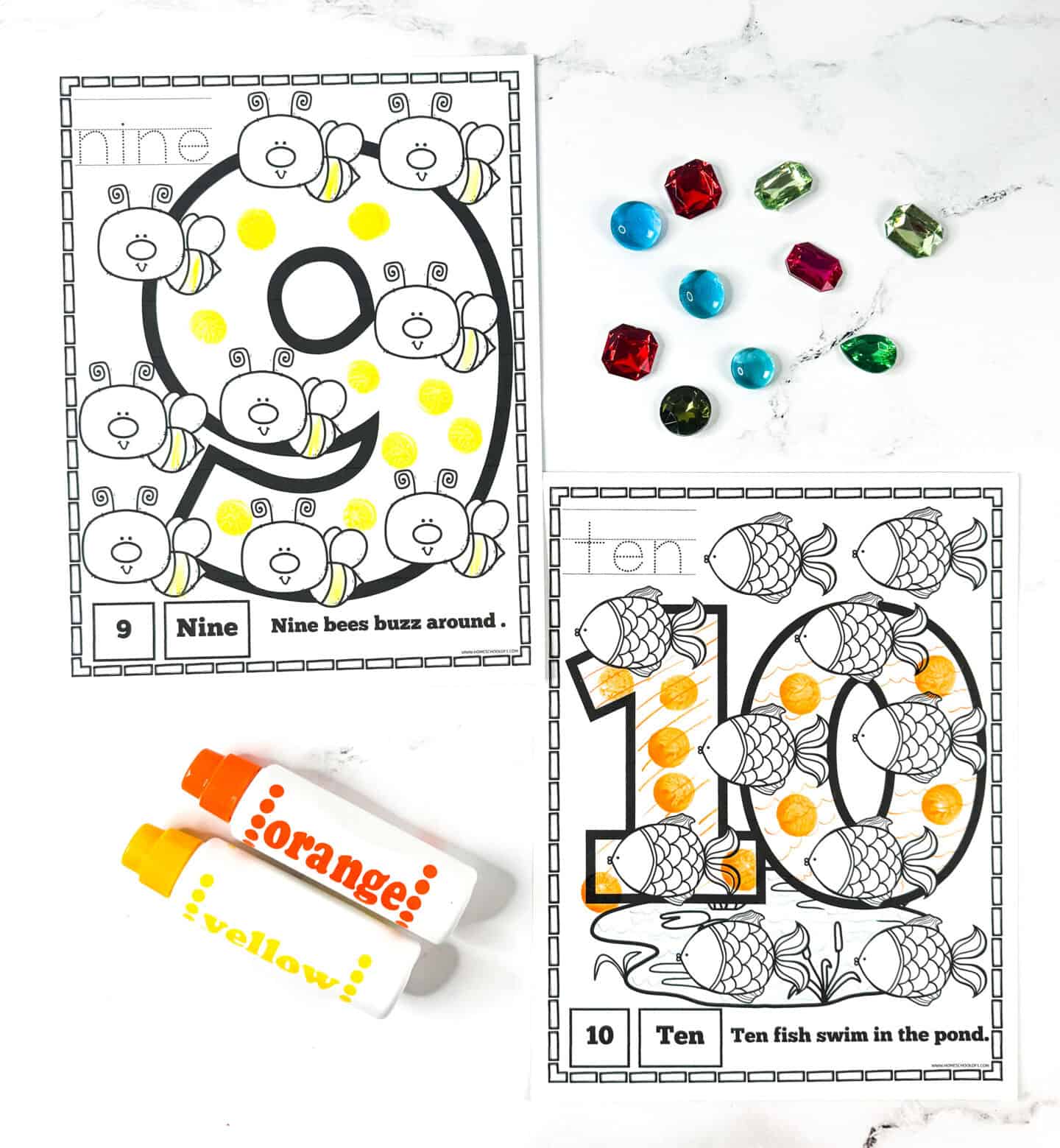 Free number coloring pages for kids featuring the numbers 9 and 10 with bees and fish to count and color.