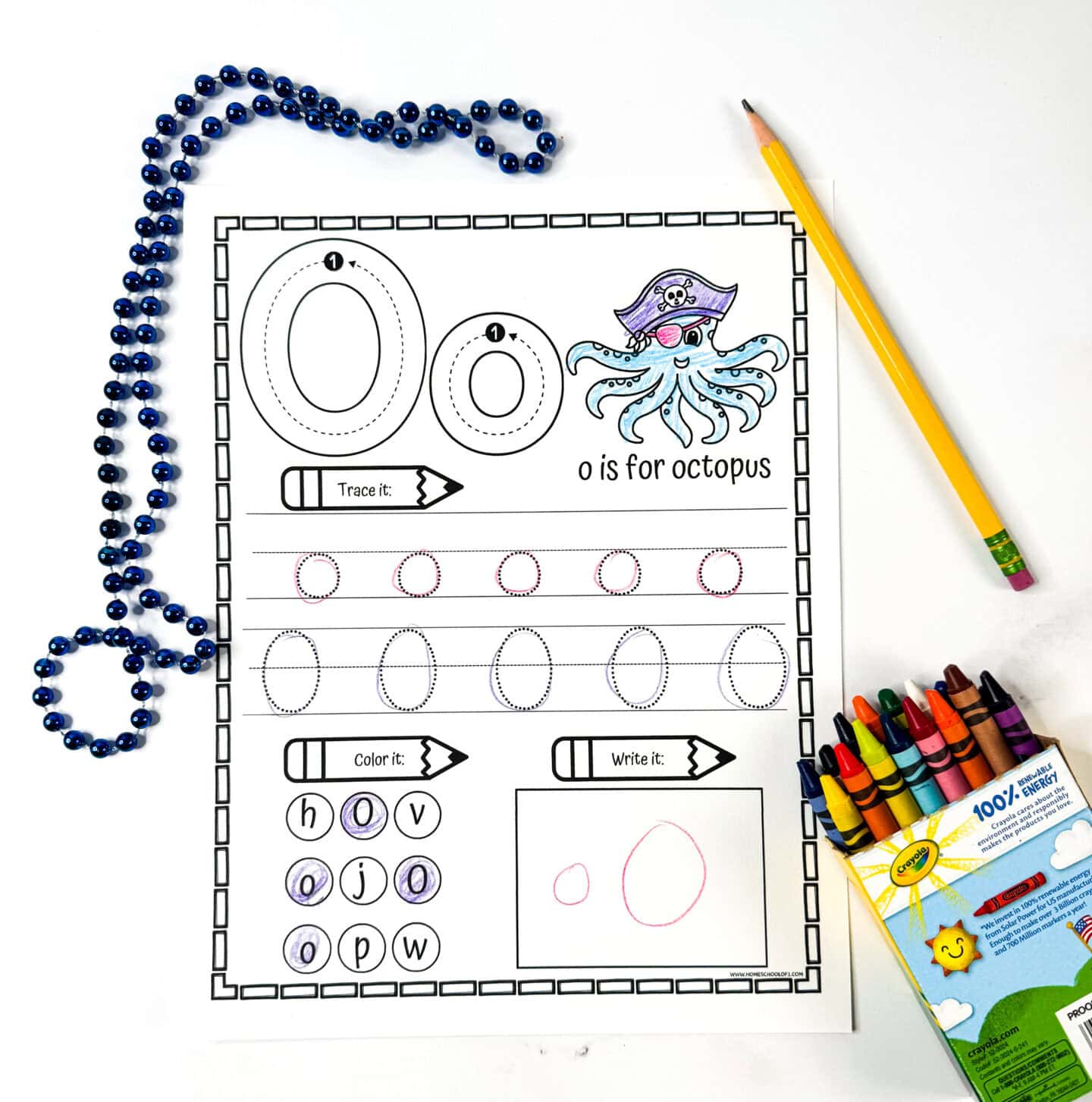 Letter O tracing worksheet with a pirate octopus drawing, dotted tracing lines for uppercase and lowercase letters, and a letter find activity.