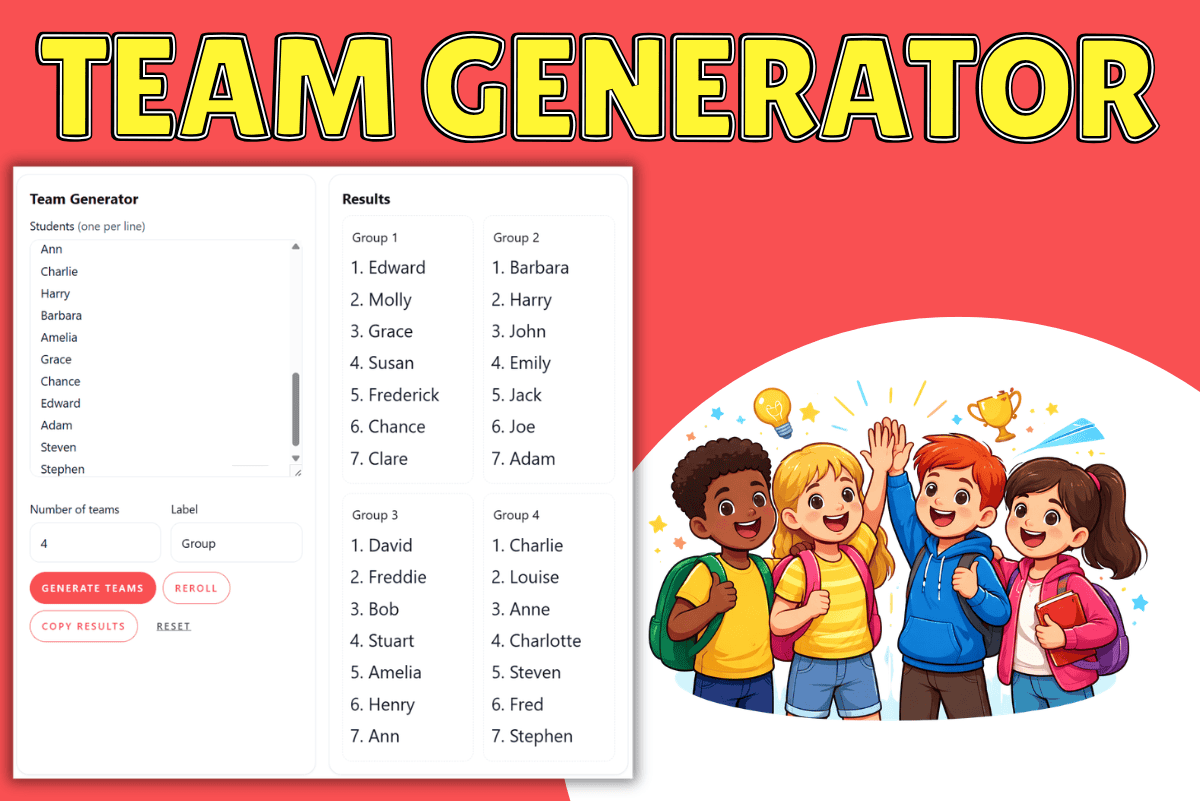 Team generator tool showing students split into groups with a simple interface and kids illustration, ideal for classroom or homeschool use