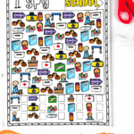 Full-color School I Spy worksheet filled with school-themed icons like glue, books, crayons, and lunchboxes, with red scissors nearby.
