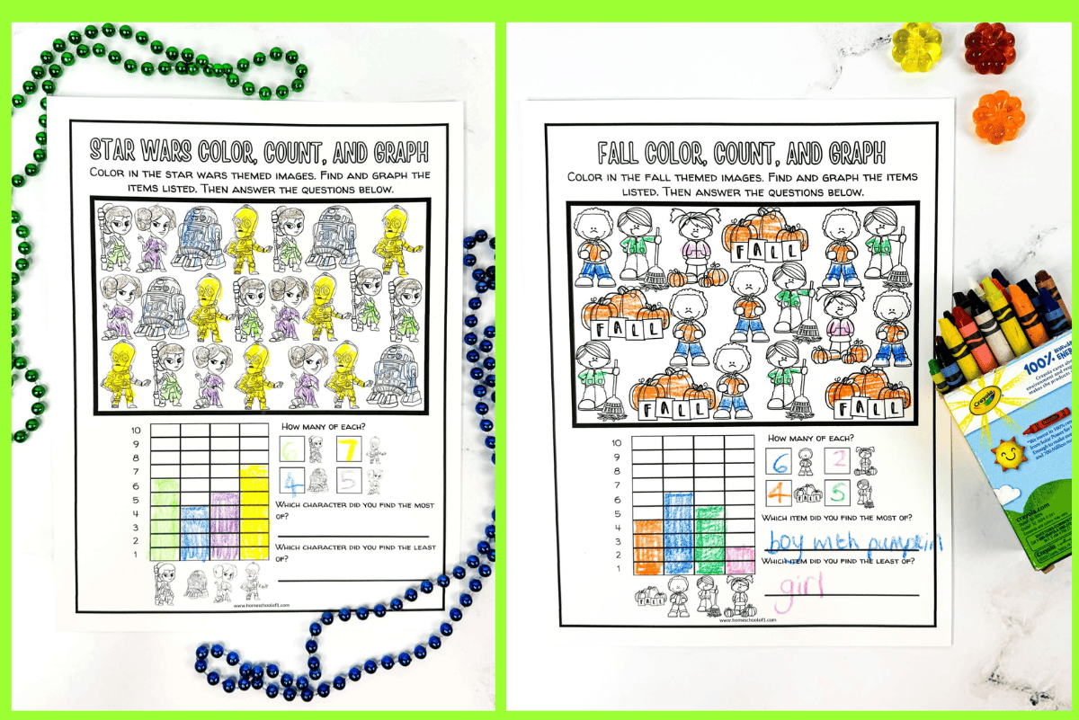 Star Wars color, count, and graph worksheet and Fall graphing worksheet with pumpkins — seasonal math graphing printables.
