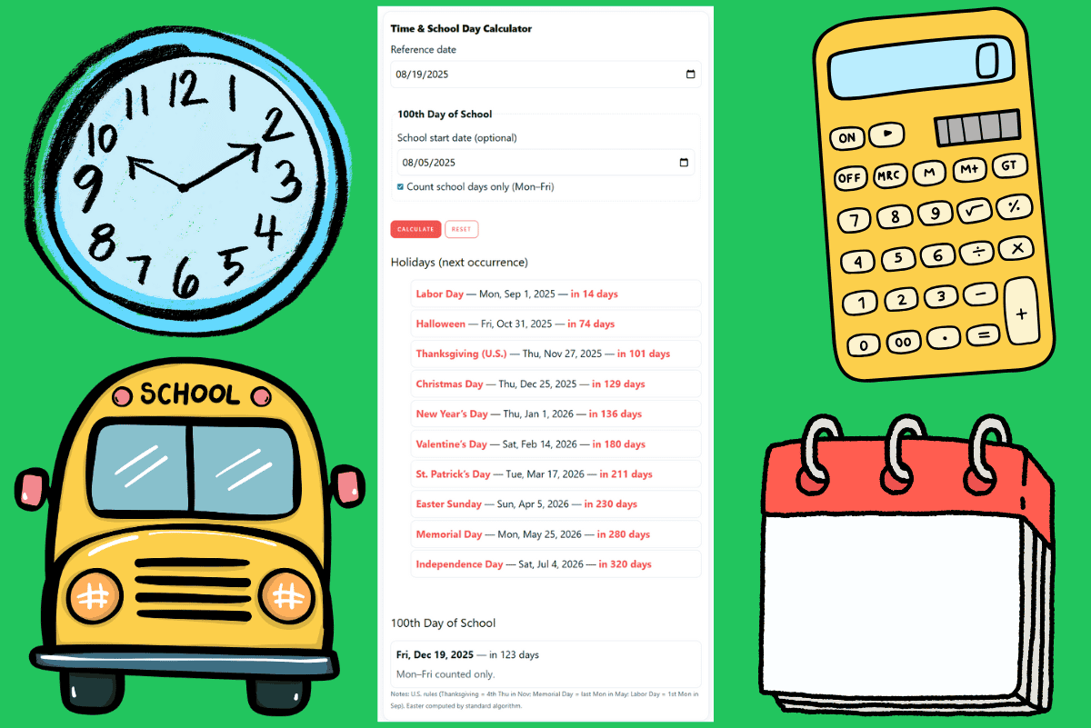 Screenshot of homeschool time calculator on green background with illustrated school bus, calendar, calculator, and clock. Shows upcoming holidays and 100th school day.