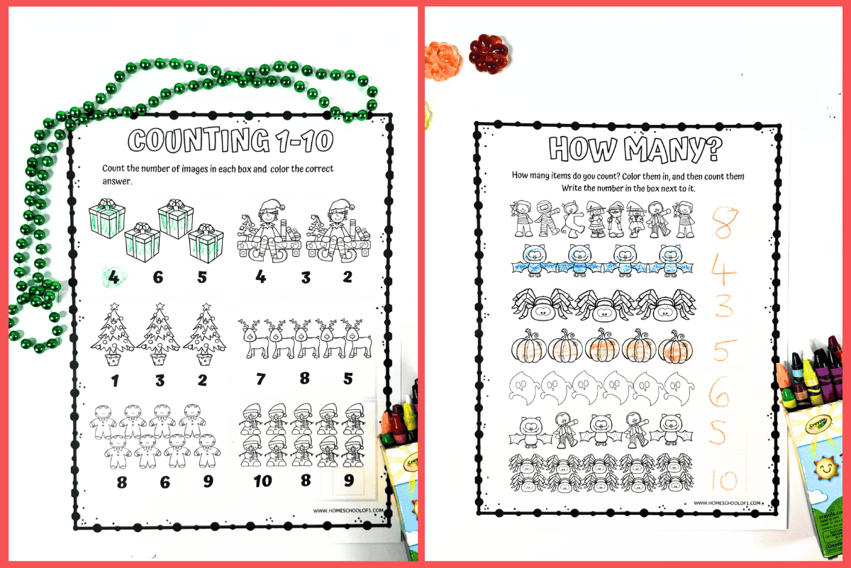 Christmas counting worksheet with presents, reindeer, and trees, plus Halloween counting worksheet with bats and pumpkins — themed math worksheets for kids.