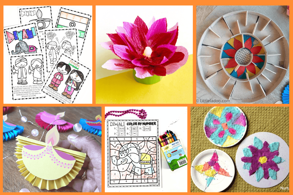 A collage of Diwali activities for kids, including printable coloring pages, a color-by-number elephant, paper diya garlands, a tissue paper lotus candle, a cardboard rangoli maze, and salt dough rangoli art on paper plates.