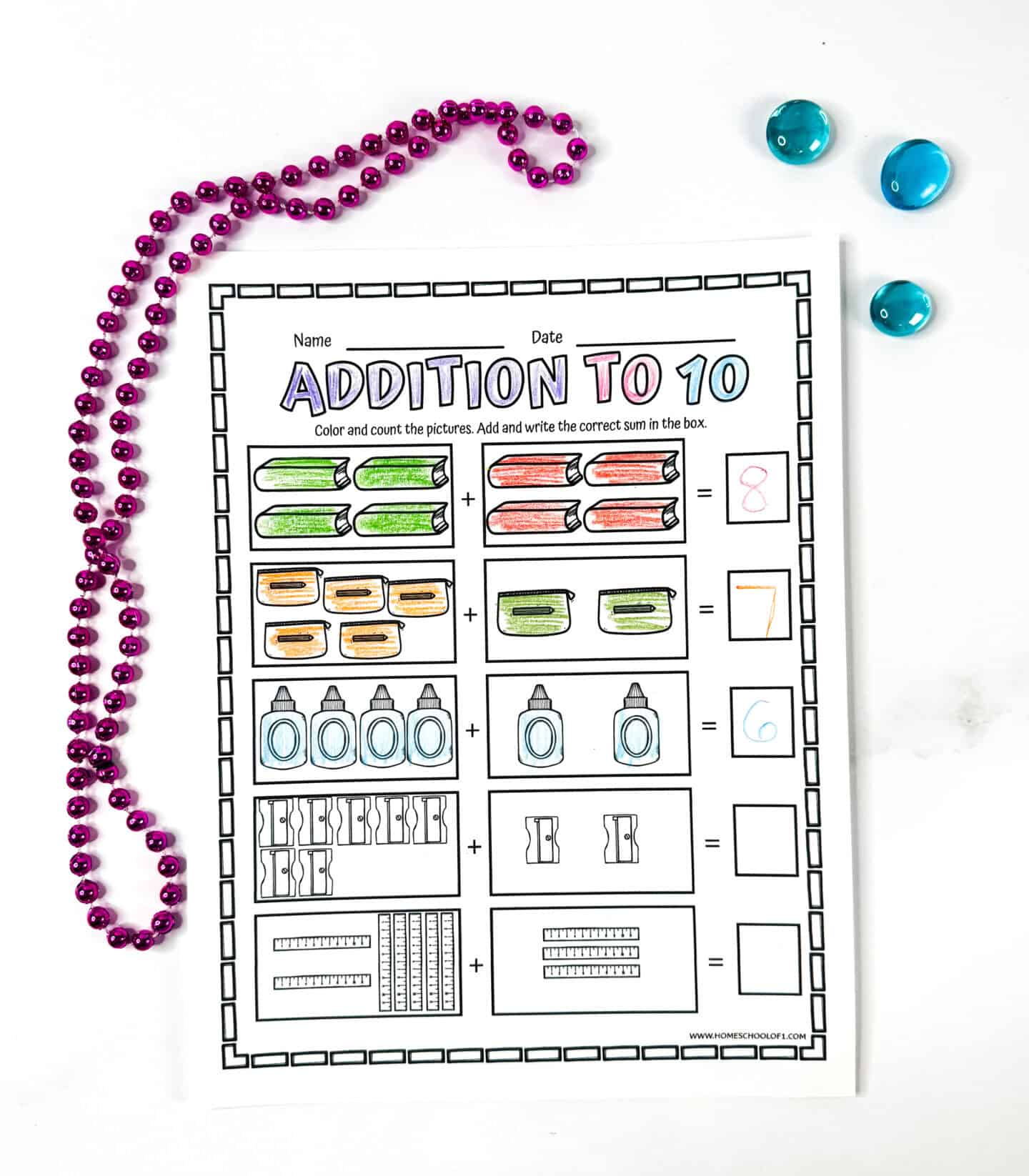 Addition to 10 worksheet with school supplies like pencils, glue bottles, rulers, and sharpeners to color and add.