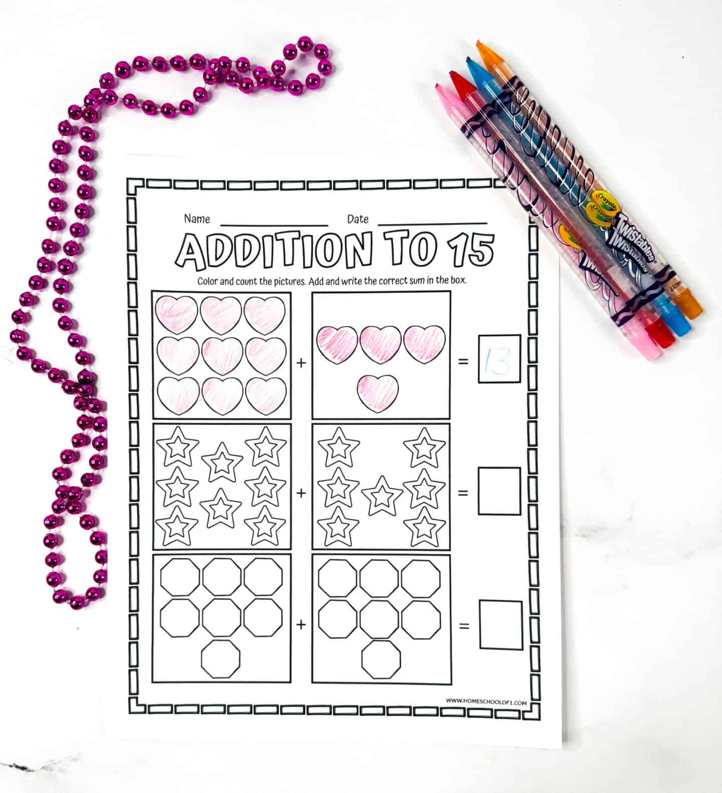 Free addition to 15 worksheet with hearts, stars, and shapes to count and color while solving basic math problems.