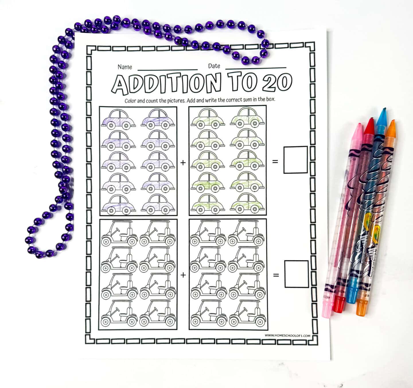 Grade 1 addition worksheet with cars and scooters to color and solve sums up to 20 for early math learners.