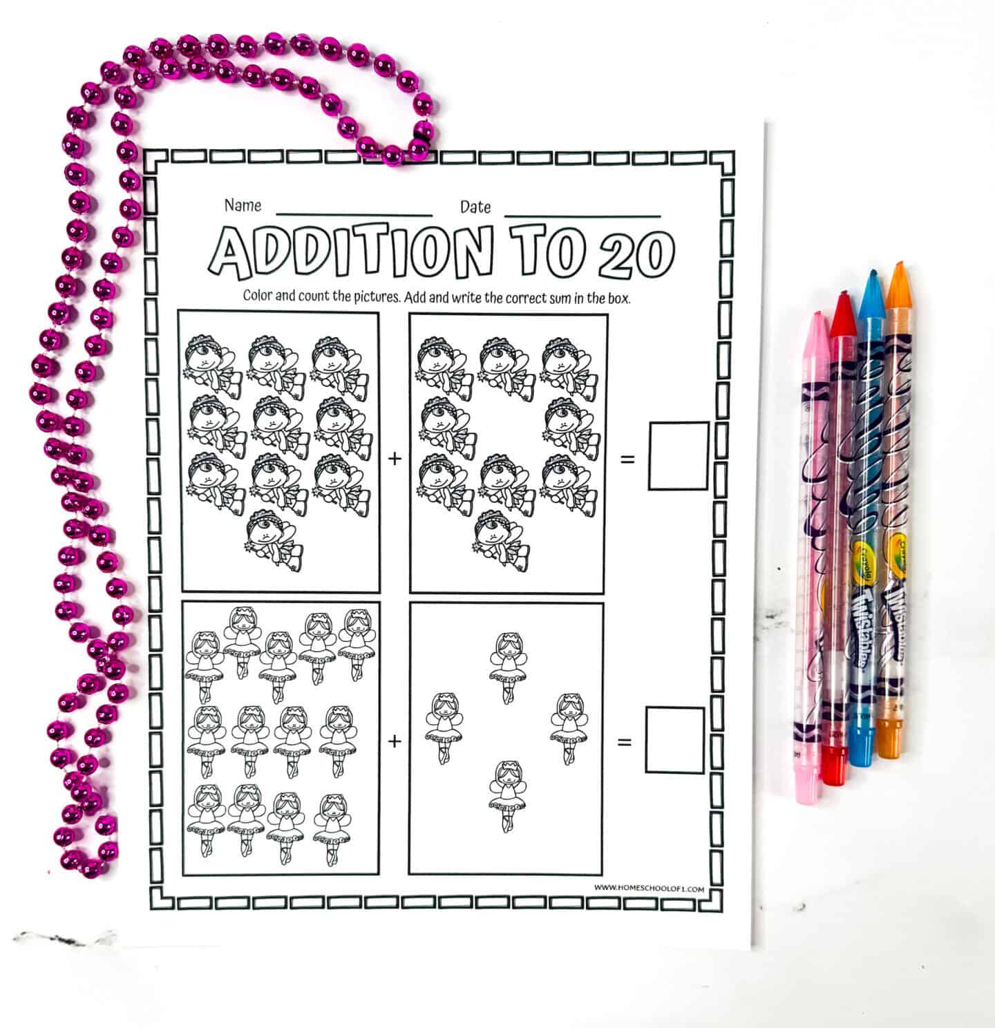 Free addition to 20 worksheet with ballerina illustrations for kids to color and add, designed for grade 1 math practice.