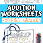 Grade 1 addition worksheets pack with sums to 10, 15, and 20, featuring objects like cars, trees, and rulers.