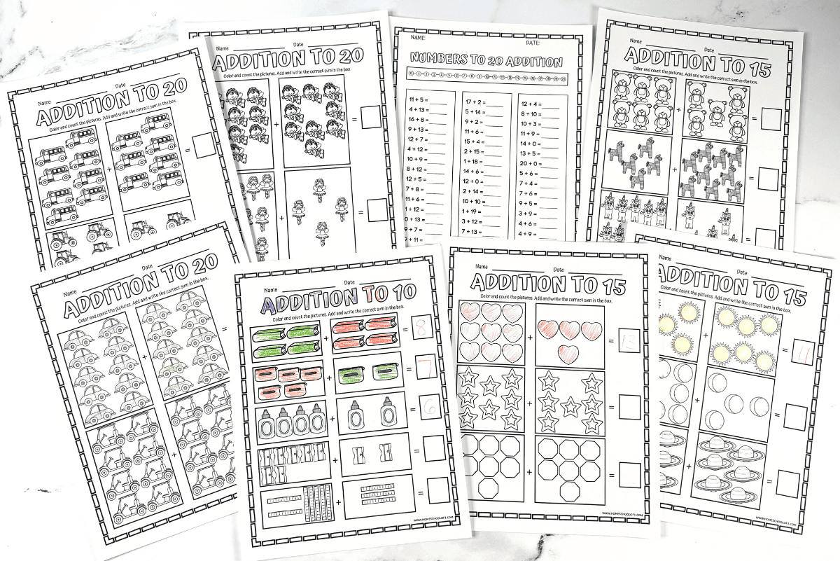 Free printable addition worksheet showing suns, moons, and planets to color and add.