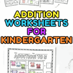 A collection of printable addition worksheets for kindergarten, featuring colorful images and math problems up to 10.