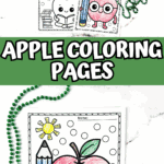 Vertical layout showing six kawaii apple coloring pages with large dots in the background and colorful crayons, with the title “Free Apple Coloring Pages.”