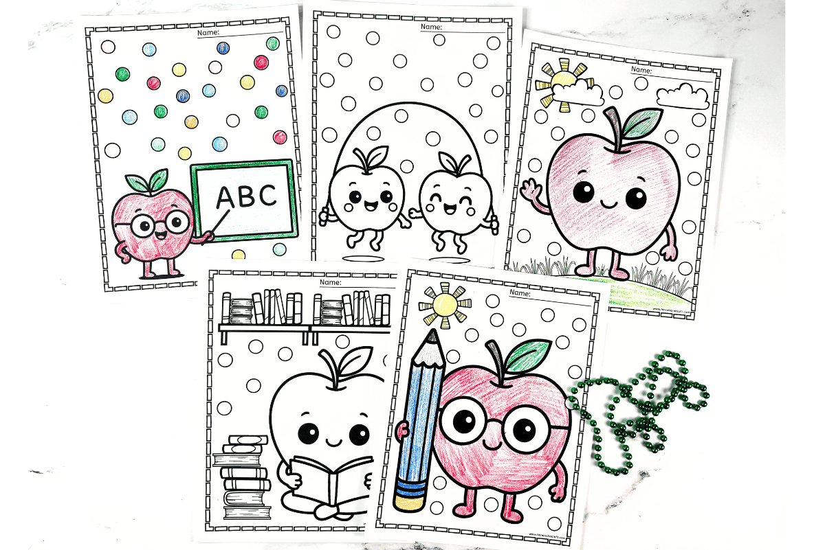 Kawaii-style apple coloring pages arranged in a collage, showing apples reading, jumping, and teaching with dotted activity backgrounds.