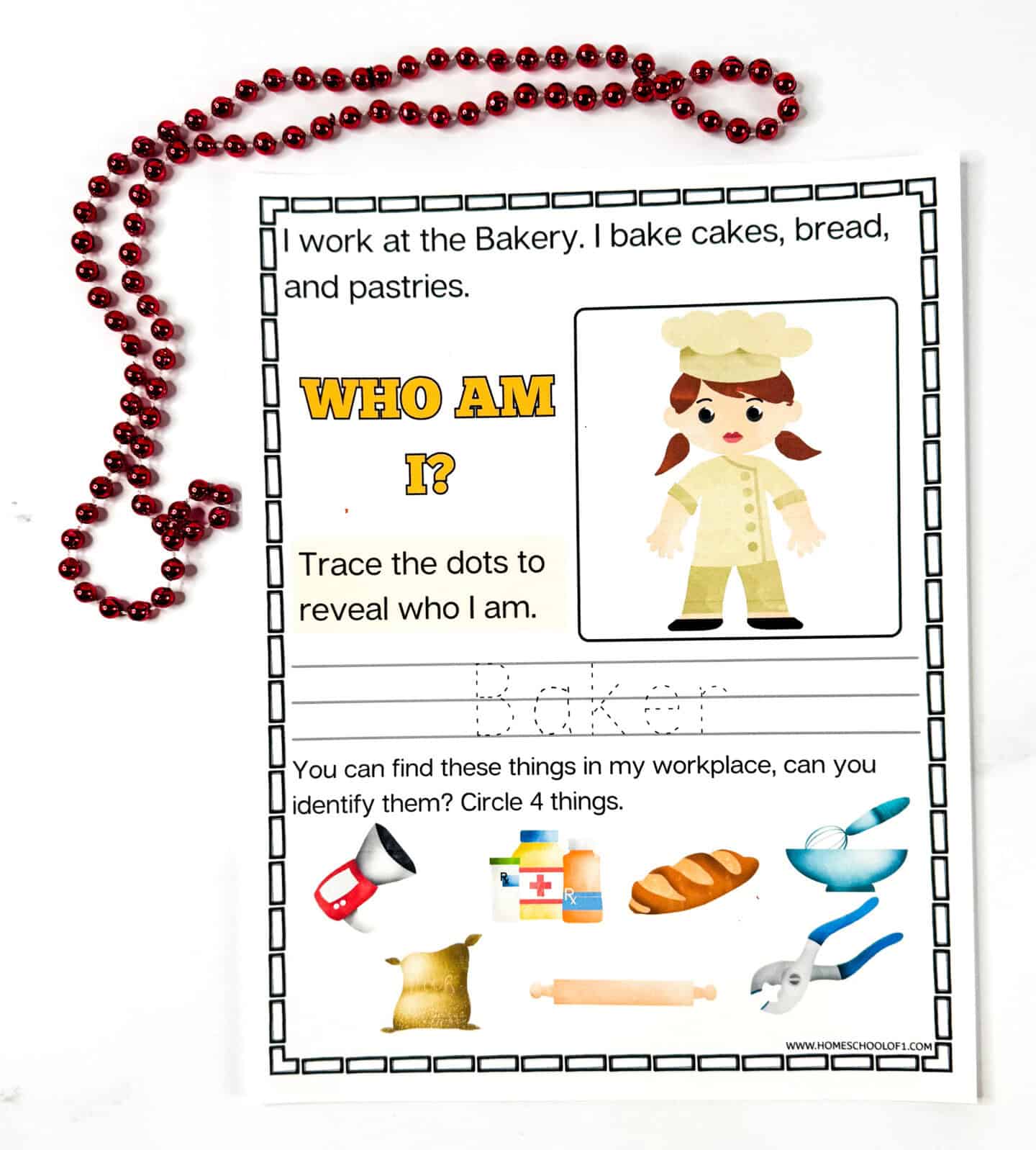 Baker worksheet for preschool featuring a “Who Am I?” riddle, trace-the-dots activity, and picture matching with bakery-related tools.