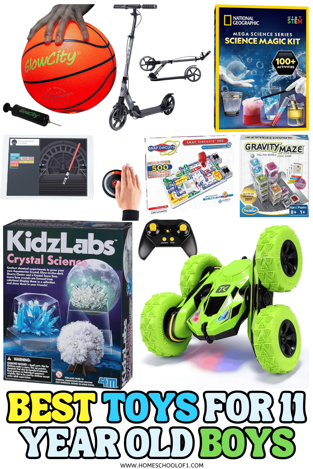 Educational toys for 11 year old boys including STEM kits, puzzles, outdoor gear, and building sets.