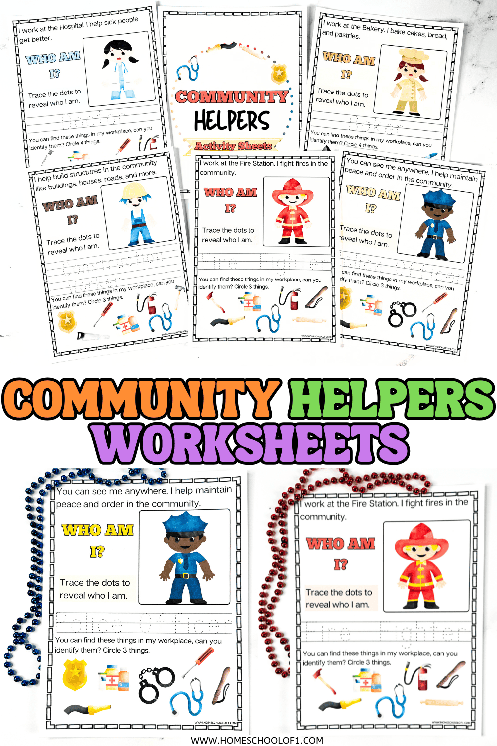 Printable community helpers worksheets featuring police officer, firefighter, doctor, baker, and builder with dot-to-dot and matching activities.