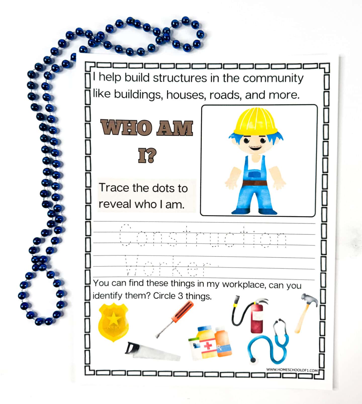 Construction worker worksheet for kids with dot-to-dot tracing, a job clue, and tool identification task focused on building professions.