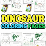 Ten free printable dinosaur coloring pages featuring dinosaurs like T-Rex, Triceratops, and Allosaurus with tracing and fact boxes.