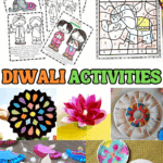 Coloring pages and Diwali crafts for kids including rangoli art, lotus candle, diya garlands, and paper plate designs.