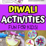 Diwali printables and kid-friendly crafts including diya garlands, lotus flowers, and rangoli-inspired art made with paper and salt.