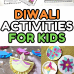 A collection of Diwali-themed crafts and printable coloring pages for children, including rangoli salt art and diya decorations.