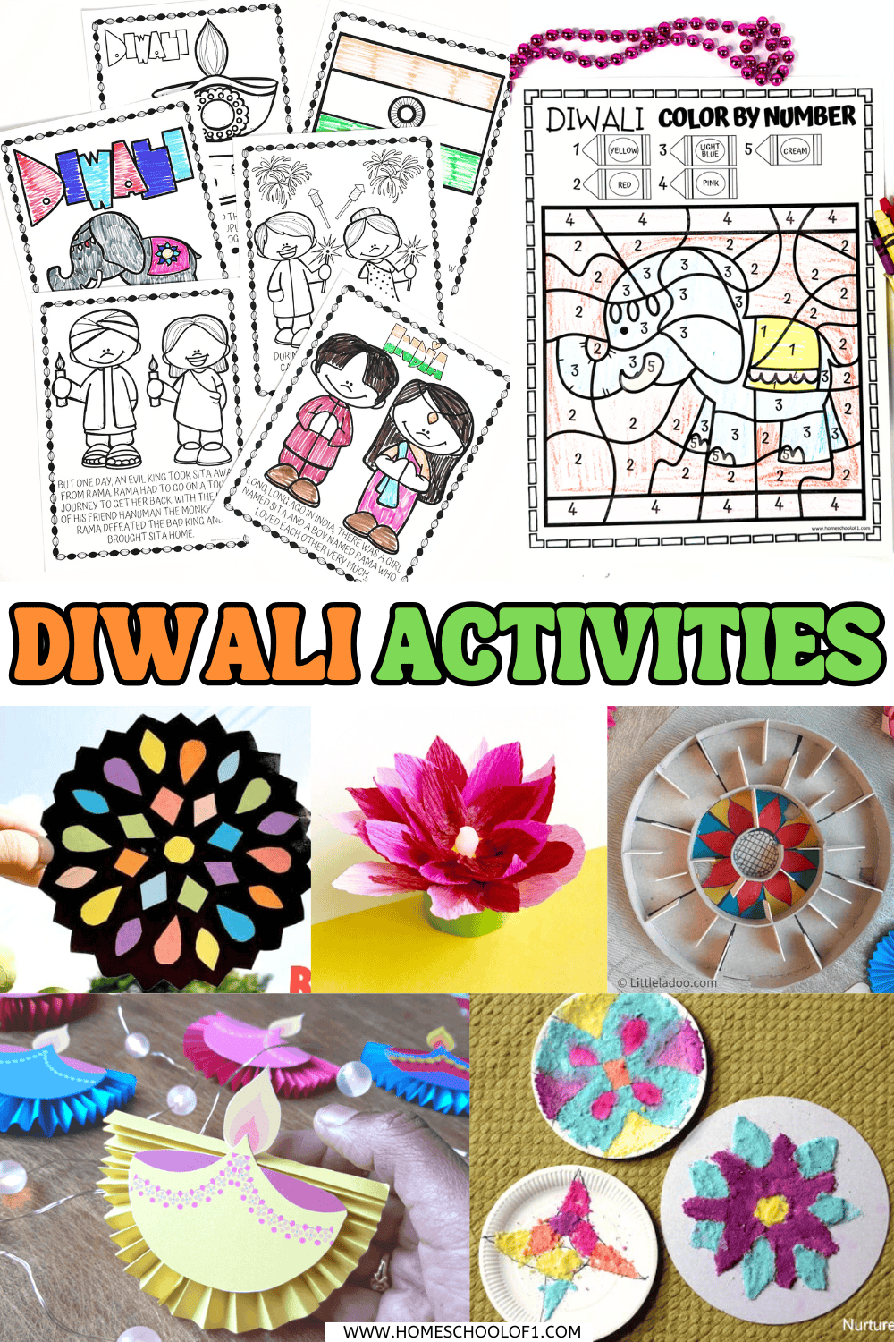 Coloring pages and Diwali crafts for kids including rangoli art, lotus candle, diya garlands, and paper plate designs.
