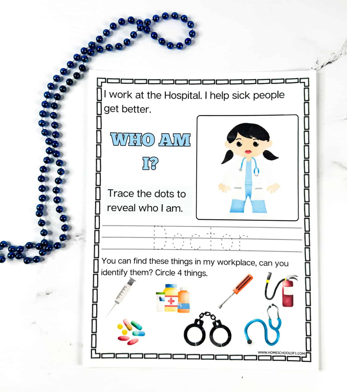 Doctor worksheet for preschool featuring a “Who Am I?” prompt, trace-the-dots drawing, and tool-matching with medical items like stethoscope and syringe.