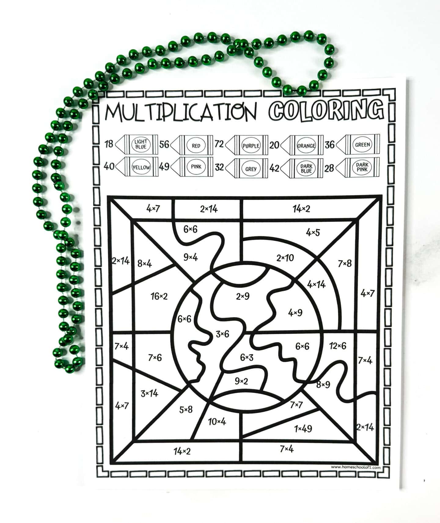Uncolored multiplication worksheet with Earth in the center, divided into sections containing multiplication problems.