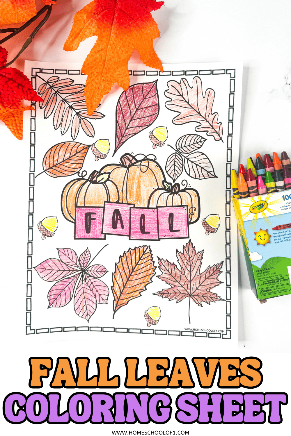 Colored fall leaves coloring page with pumpkins and acorns, featuring the word “FALL” in block letters. Surrounded by crayons and autumn decor.