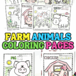 Colored farm animal worksheets featuring pig, turkey, horse, duck, goat, chicken, cow, and sheep, with traceable names, fun facts, and bold outlines for kids to color.