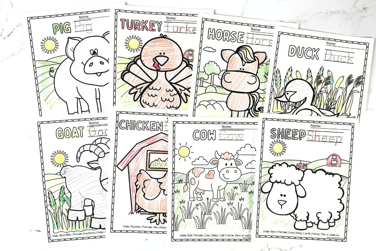 Printable farm animals coloring sheets for kids featuring eight animals with bold outlines, traceable names, and male, female, baby, and home facts.