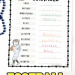 Completed football word scramble printable with 12 sports-themed words unscrambled and colored football player illustration.