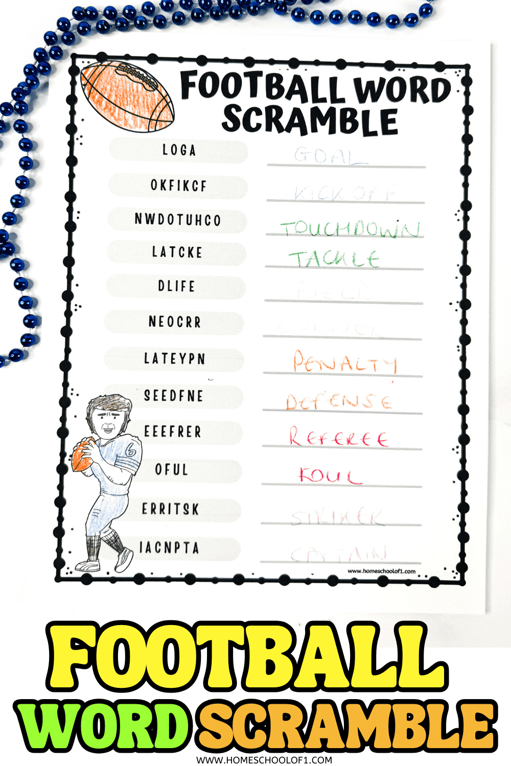 Completed football word scramble printable with 12 sports-themed words unscrambled and colored football player illustration.