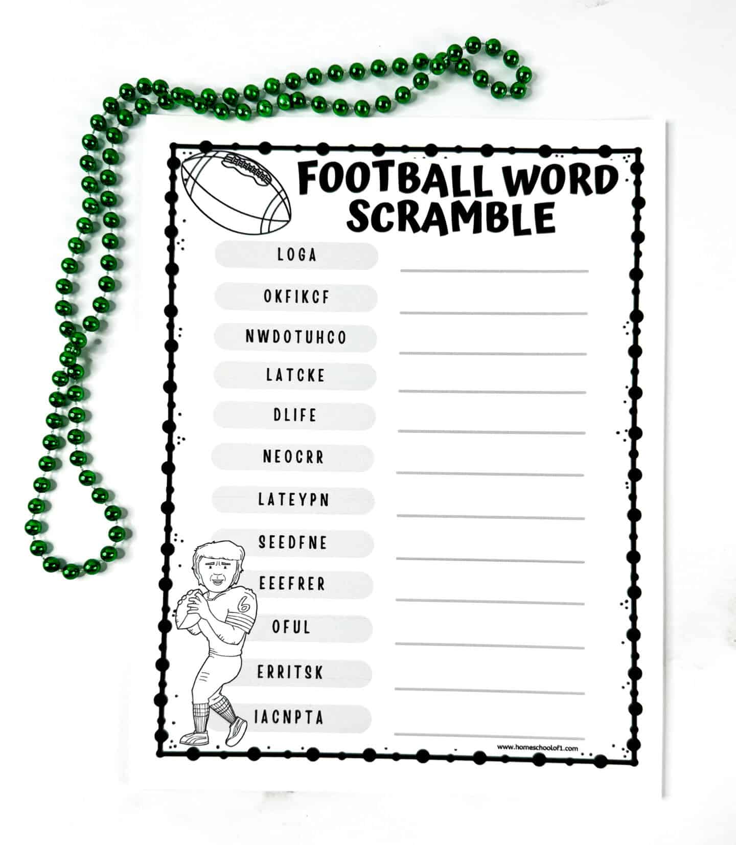 Printable football word scramble worksheet for kids with 12 jumbled sports words, blank answer spaces, and football player illustration.