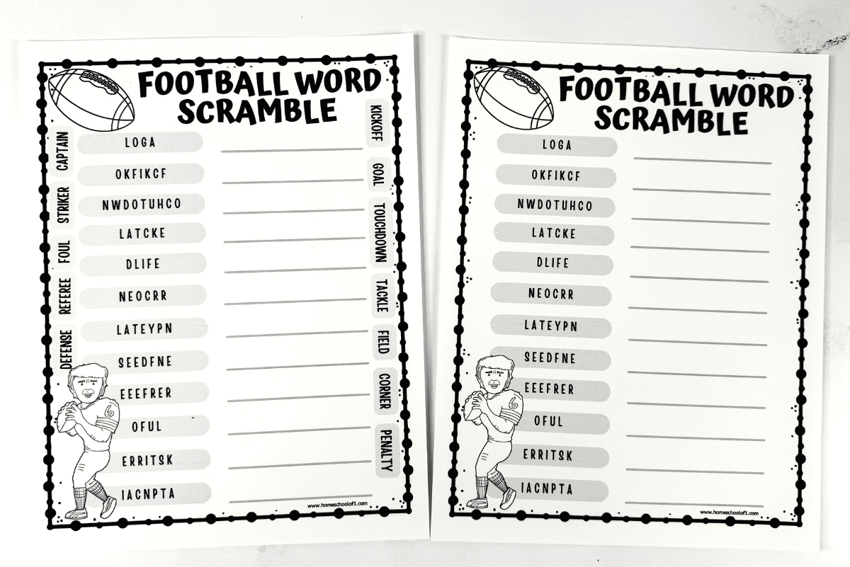 Completed football word scramble printable with 12 sports-themed words unscrambled and colored football player illustration.